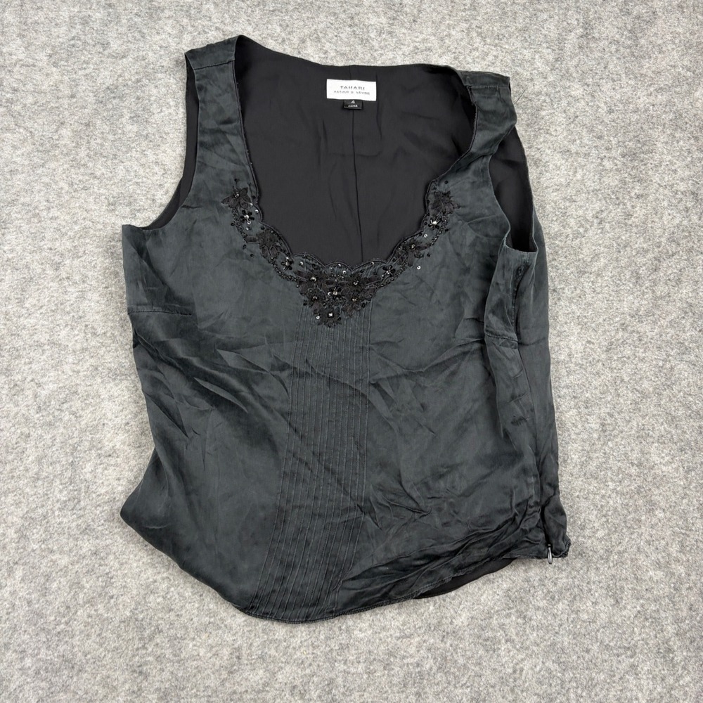 Tahari Blouse Womens Size 4 Black Silk Beaded Sequin Sleeveless Shell Tank